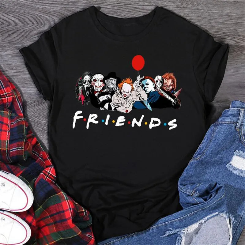 Meilleurs personnages d'horreur de Stephen King T-shirt imprimé Friends Cartoon pour femmes Hauts en coton Vêtements d'Halloween pour femmes et hommes Grandes tailles