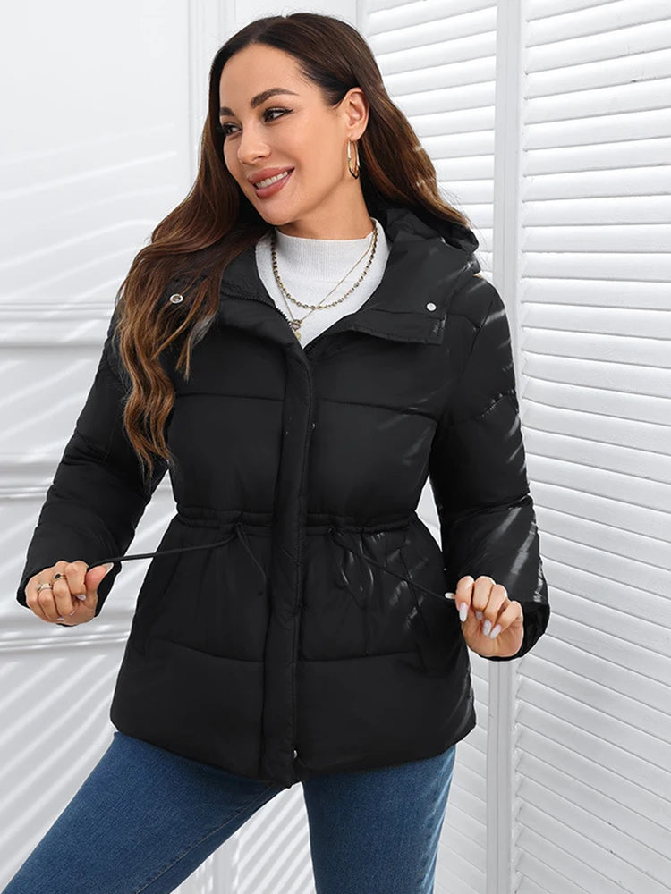 Winter Drawstring Lace-up Snow Women's Warm Down Jacket Hooded Puffer Jacket Women Parkas High Quality Cotton Padded Coat