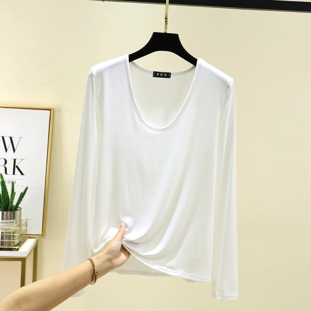 Plus size L to 6XL U-Neck Women's T-shirt Long sleeves Loose Bottomed Tshirts solid color Casual Tee Tops All match