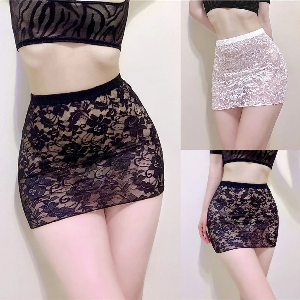 Women Sexy Erotic Slim Fit Lace See Through Wrap Hip Sheer Underdress Tight Lingerie Clubwear Allure Female Ultrashort Skirt