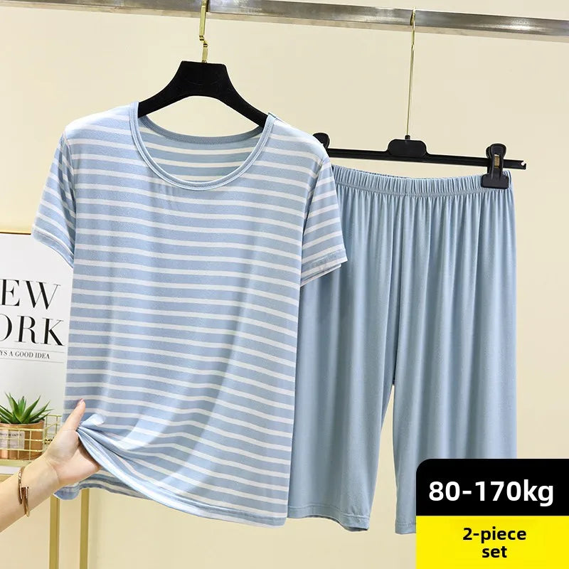 Modal Striped Spwear Set Women Summer Thin Loose ort Sve Casual orts Two Piece Set Comfortable Breathable Nightgown