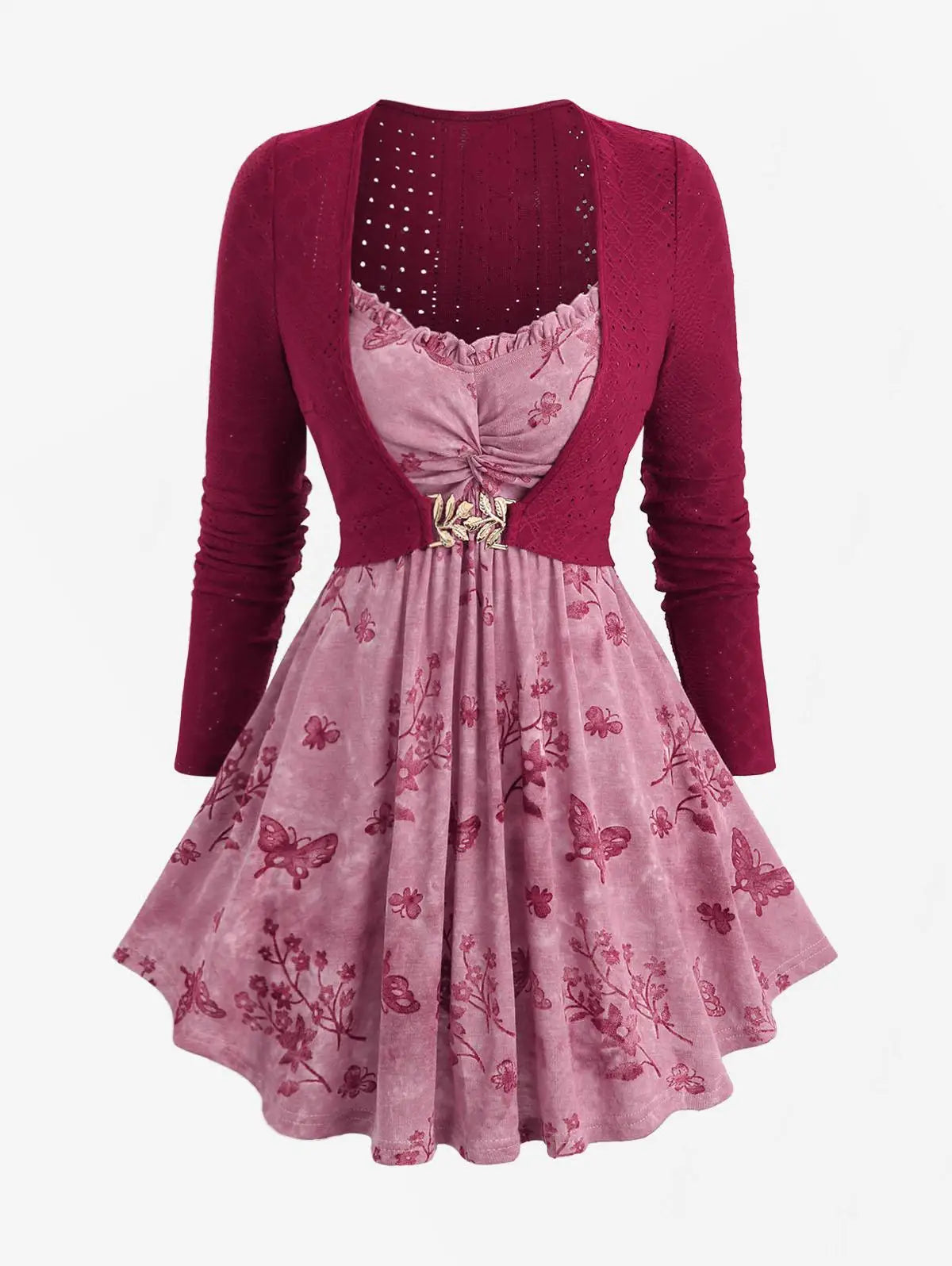 2025 Autumn New Women's 2-in-1 Tops Floral Butterfly Printed Twist Front Sweetheart Neck Long Sleeve T-Shirt With Leaf Buckle