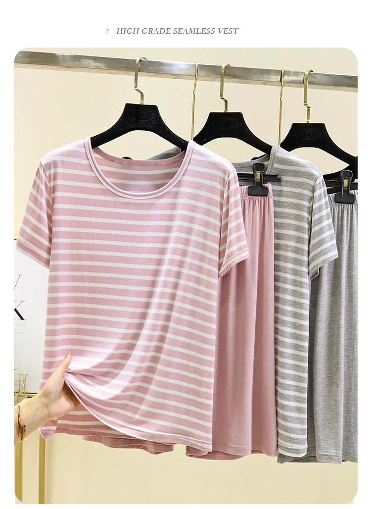 Modal Striped Spwear Set Women Summer Thin Loose ort Sve Casual orts Two Piece Set Comfortable Breathable Nightgown