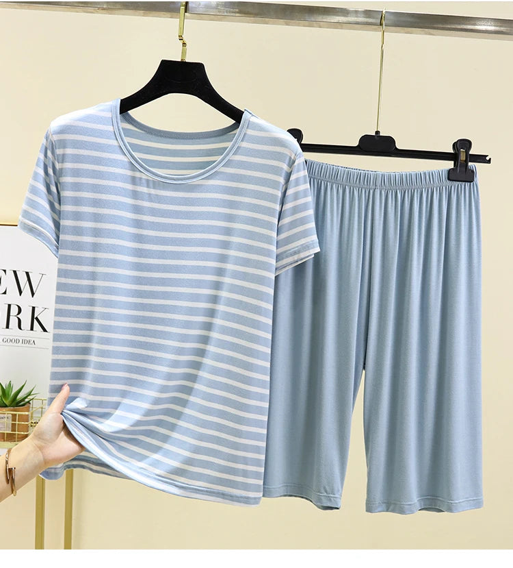 Modal Striped Spwear Set Women Summer Thin Loose ort Sve Casual orts Two Piece Set Comfortable Breathable Nightgown