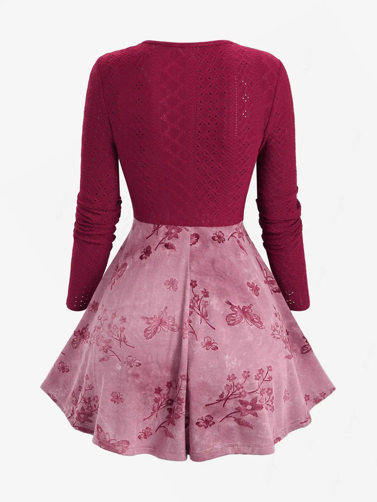 2025 Autumn New Women's 2-in-1 Tops Floral Butterfly Printed Twist Front Sweetheart Neck Long Sleeve T-Shirt With Leaf Buckle