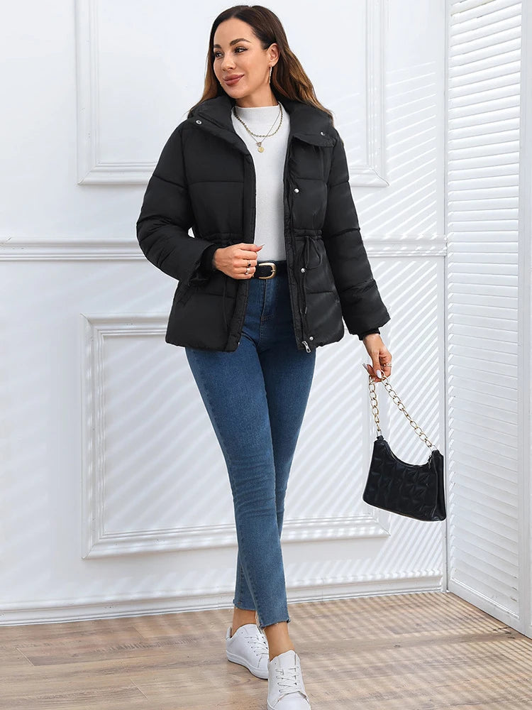 Winter Drawstring Lace-up Snow Women's Warm Down Jacket Hooded Puffer Jacket Women Parkas High Quality Cotton Padded Coat