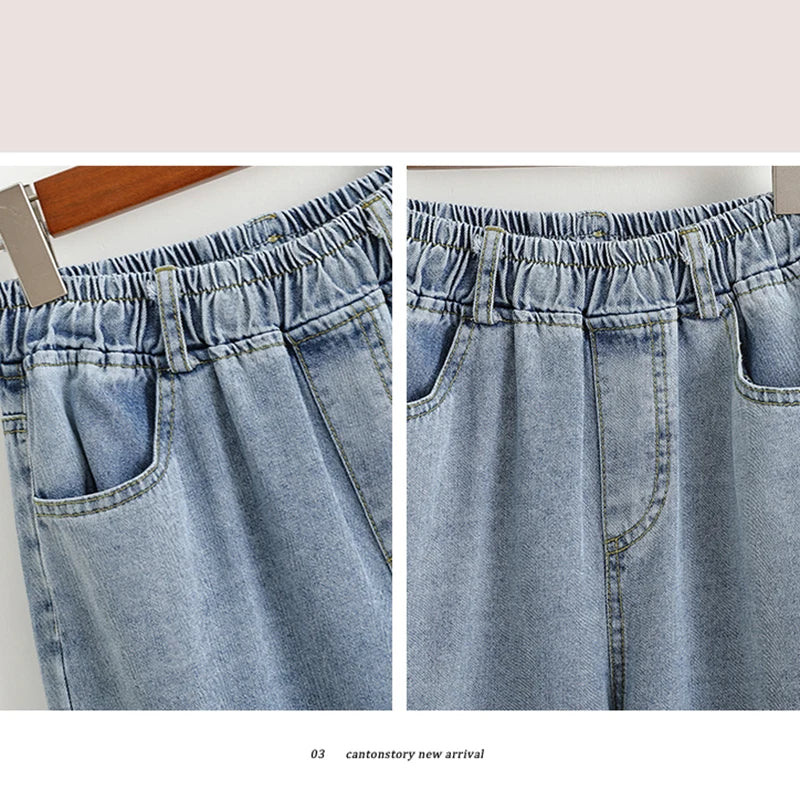 Plus Size Jeans For Women New 2025 High Elastic Waist Wide Leg Denim Pants With Pockets Korean Style Fashion Tassel Loose Jeans
