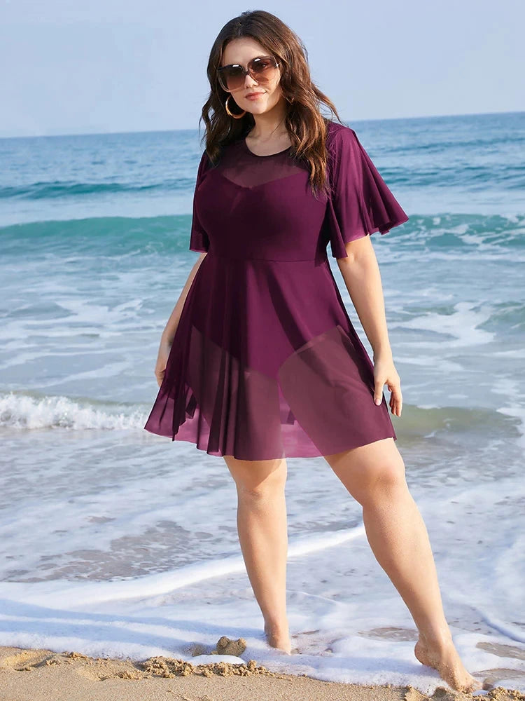 Plus Size Womens One Piece Tummy Control Swimdress Solid Mesh Patchwork Ruffle Sleeve Cover Up Swim Dress Chubby Swimsuit