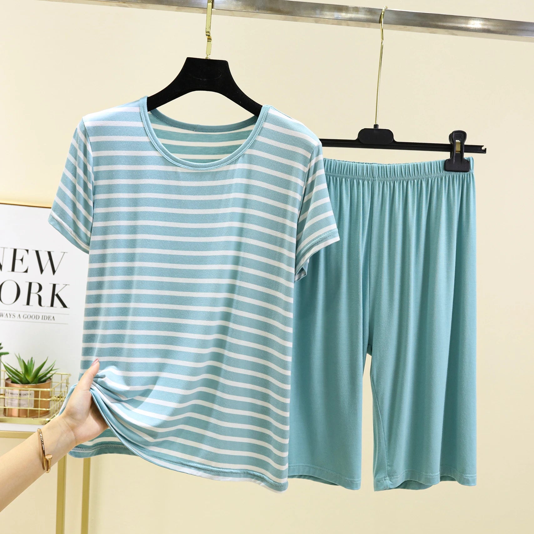Modal Striped Spwear Set Women Summer Thin Loose ort Sve Casual orts Two Piece Set Comfortable Breathable Nightgown