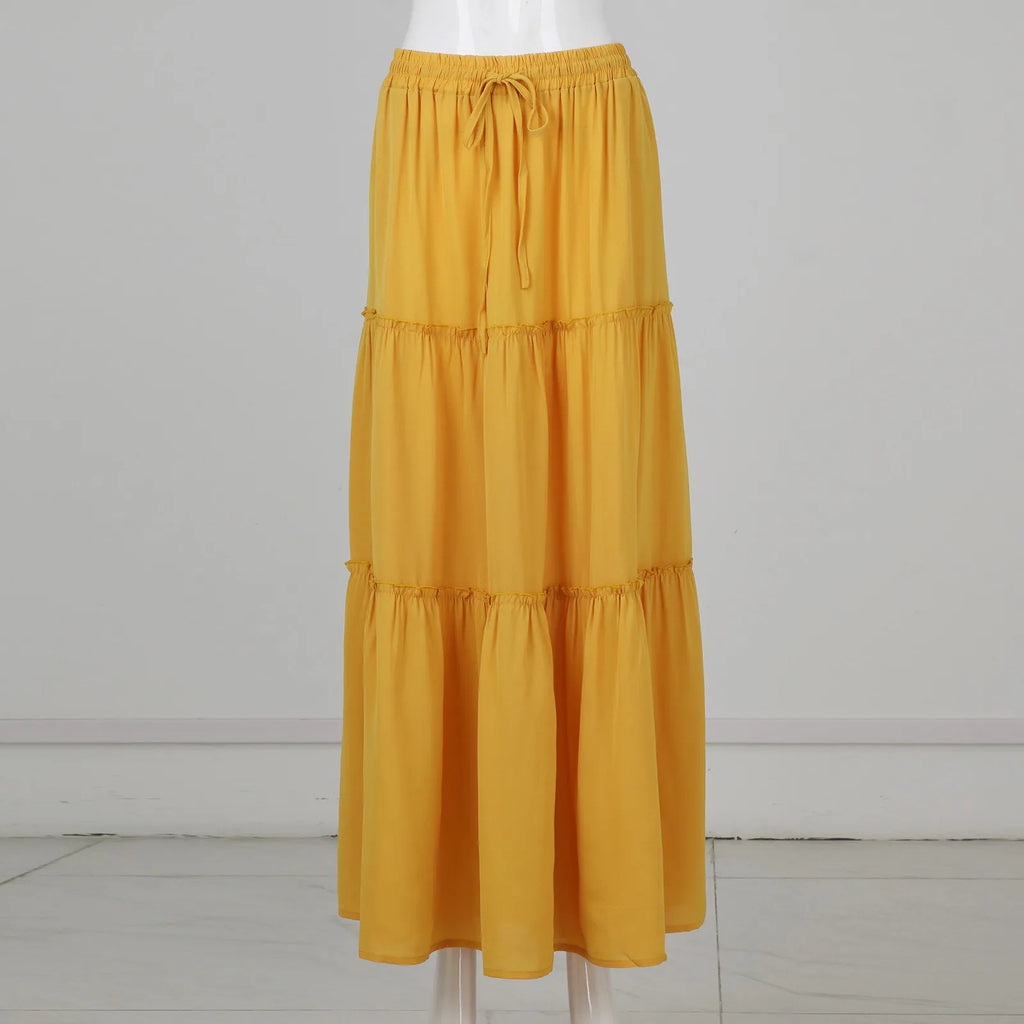 Women's Fashion Solid Color Skirts Ruffled layered skirt High waist elasticated ruffled Tie long skirt summer Loose Skirt faldas