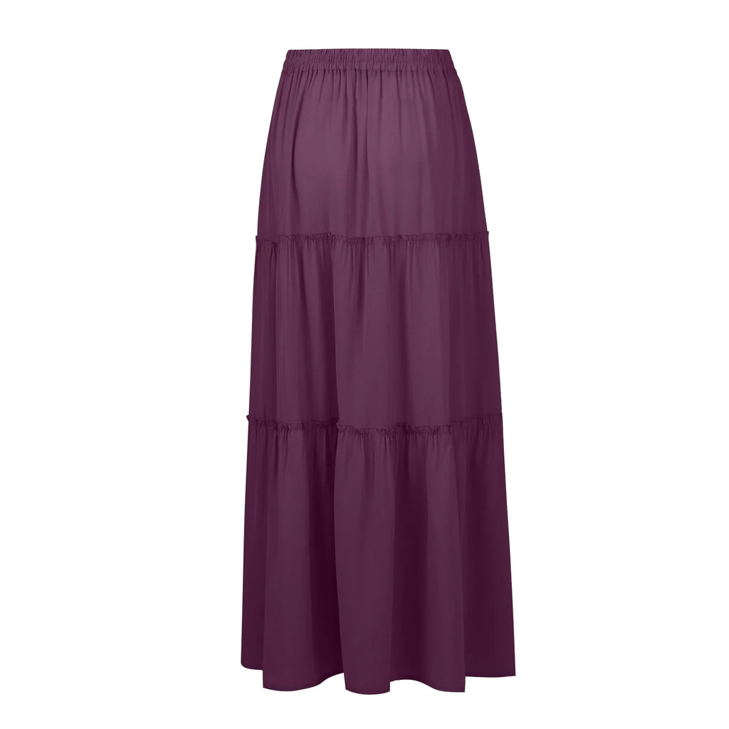 Women's Fashion Solid Color Skirts Ruffled layered skirt High waist elasticated ruffled Tie long skirt summer Loose Skirt faldas