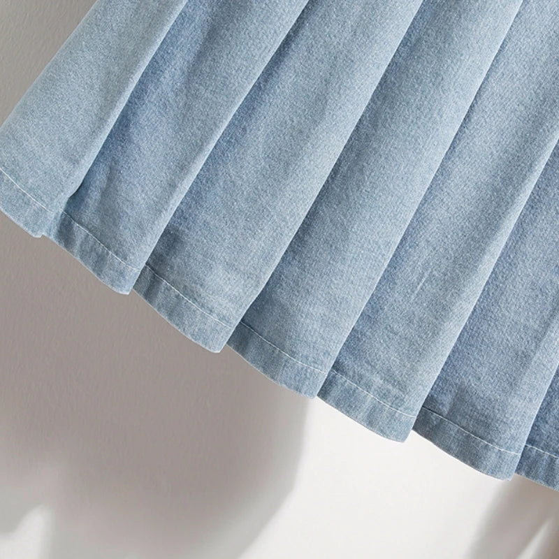 5XL Oversize Denim Skirts Women Lace Up Pleated Skirt Summer Elastic Waist Cute Soft Girl Frilly Loose Jeans Mini Skirt Culotte