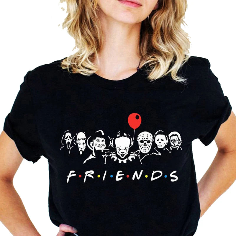 Meilleurs personnages d'horreur de Stephen King T-shirt imprimé Friends Cartoon pour femmes Hauts en coton Vêtements d'Halloween pour femmes et hommes Grandes tailles