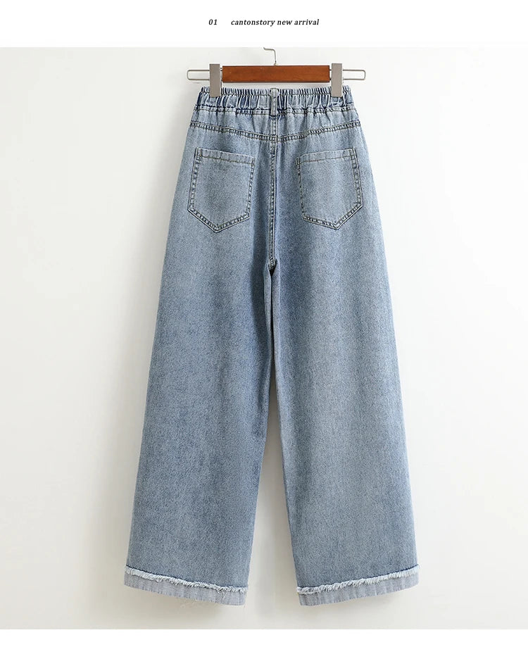 Plus Size Jeans For Women New 2025 High Elastic Waist Wide Leg Denim Pants With Pockets Korean Style Fashion Tassel Loose Jeans