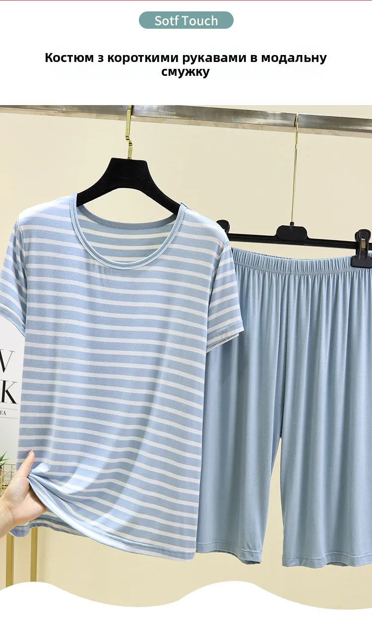 Modal Striped Spwear Set Women Summer Thin Loose ort Sve Casual orts Two Piece Set Comfortable Breathable Nightgown