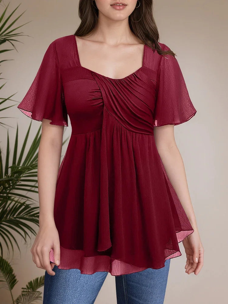 Women Plus Size Elegant Blouse Square Collar Pleated Double Layer Mesh Petal Sleeve Ruffle Hem Casual Summer 2025 New Female Tee
