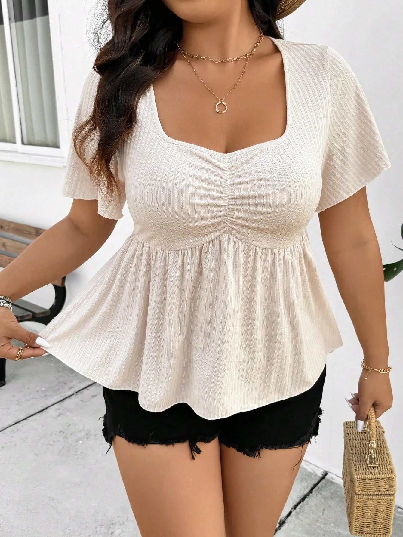 New women's fashion casual square neck short sleeve plus size women's top