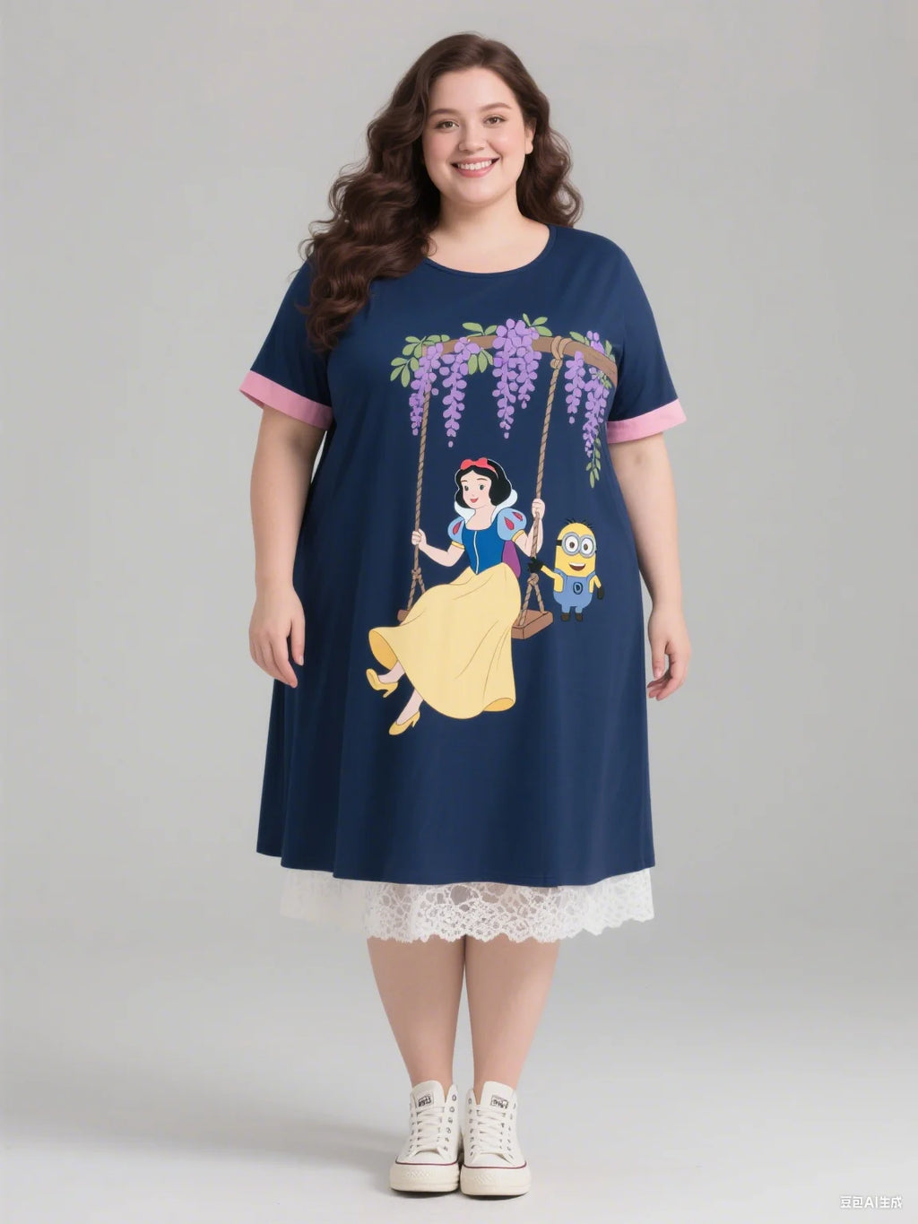 2025 Minions And Snow White Print Autumn Plus-Size Women's Dress Women's Sleeveless Round-Neck Dress For Fashionable Outfit