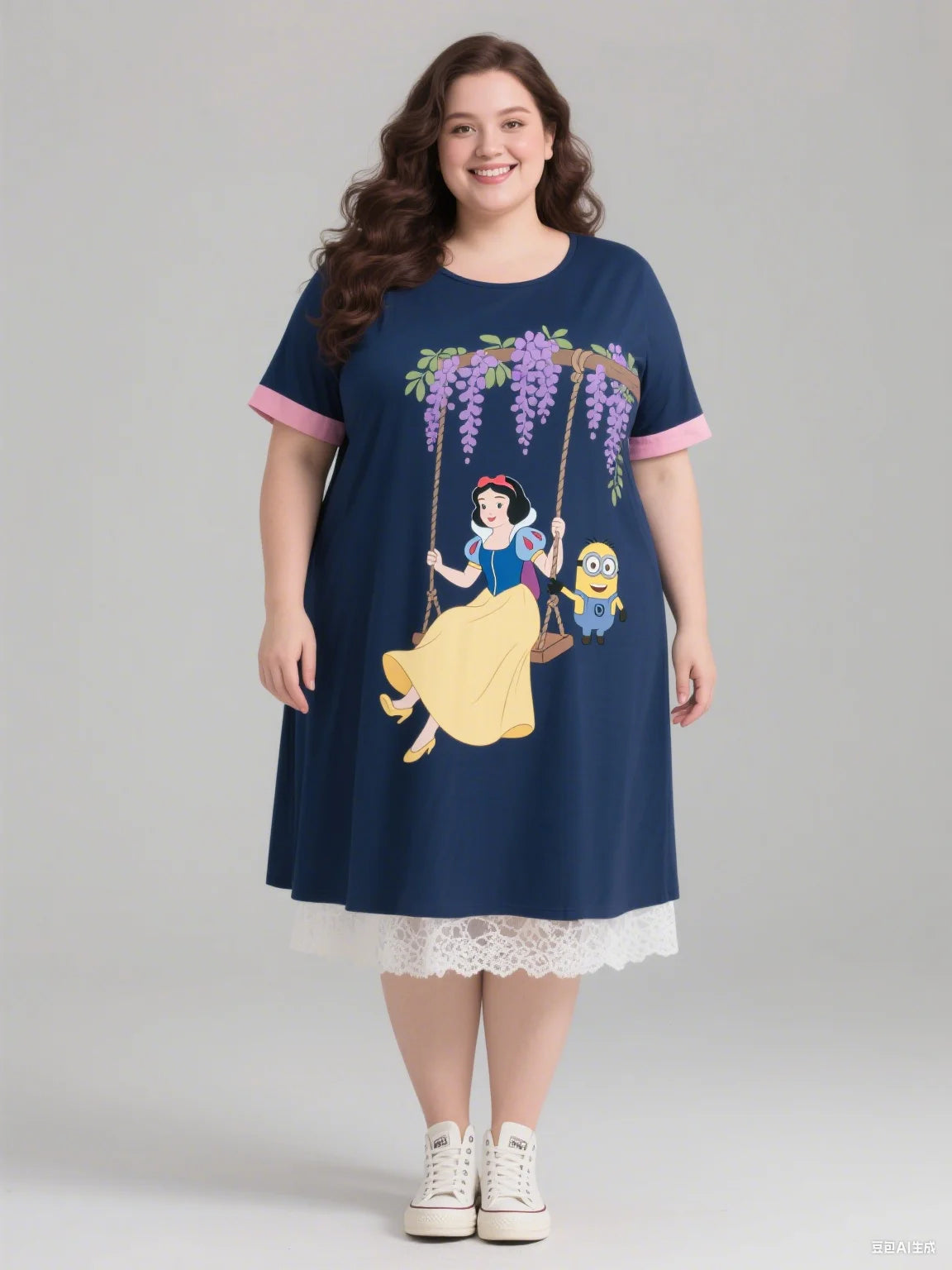 2025 Minions And Snow White Print Autumn Plus-Size Women's Dress Women's Sleeveless Round-Neck Dress For Fashionable Outfit