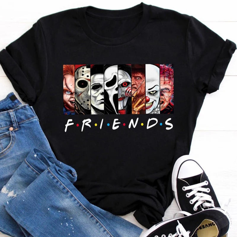 Meilleurs personnages d'horreur de Stephen King T-shirt imprimé Friends Cartoon pour femmes Hauts en coton Vêtements d'Halloween pour femmes et hommes Grandes tailles