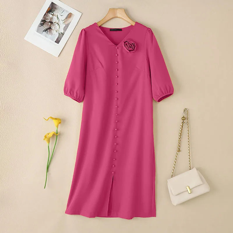 Elegant Women Work OL Sundress ZANZEA 2025 New Summer Dress Fashin oV Neck Short Sleeve Party Vestidos Stylish 3D Flowers Dress