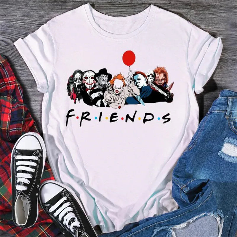 Meilleurs personnages d'horreur de Stephen King T-shirt imprimé Friends Cartoon pour femmes Hauts en coton Vêtements d'Halloween pour femmes et hommes Grandes tailles