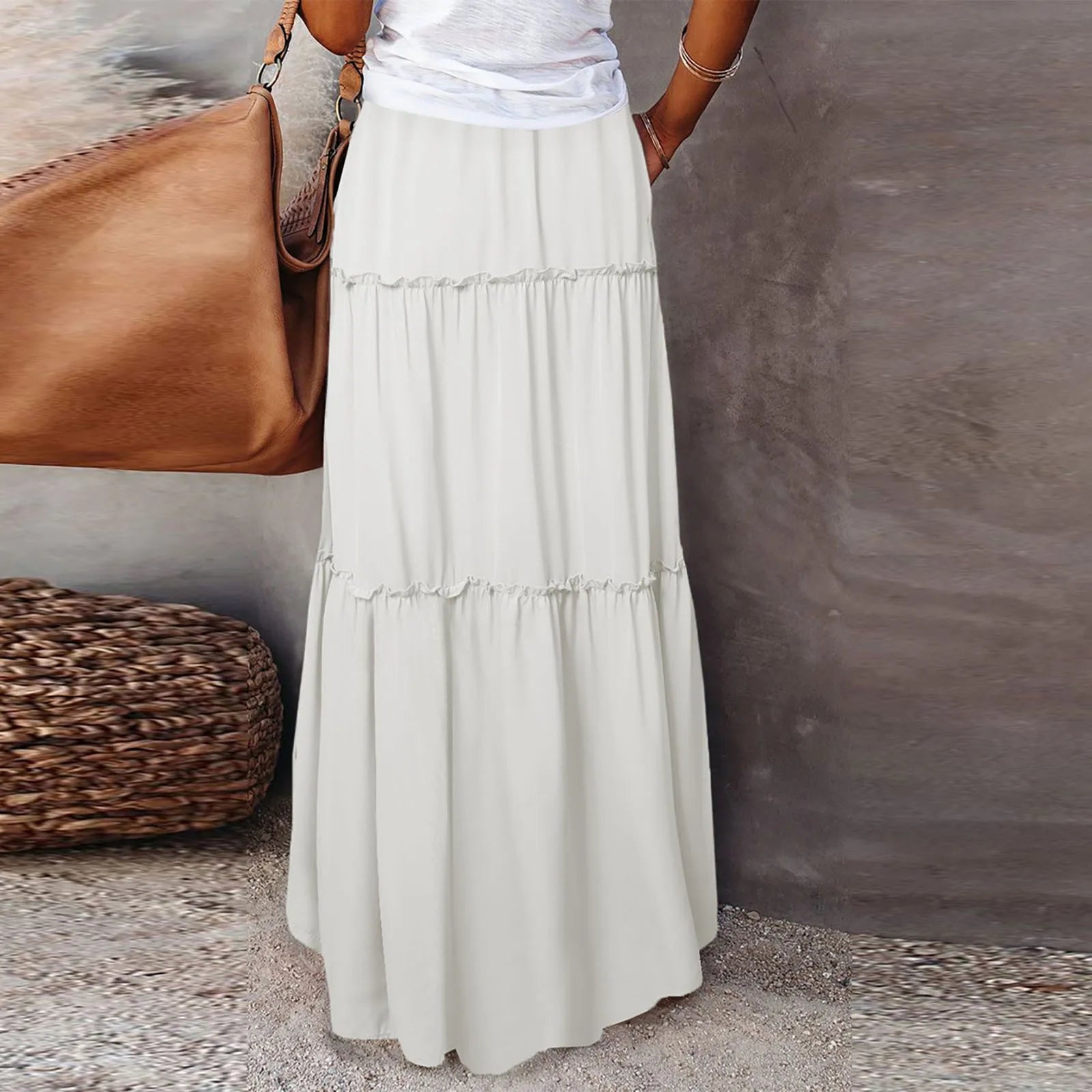 Women's Fashion Solid Color Skirts Ruffled layered skirt High waist elasticated ruffled Tie long skirt summer Loose Skirt faldas