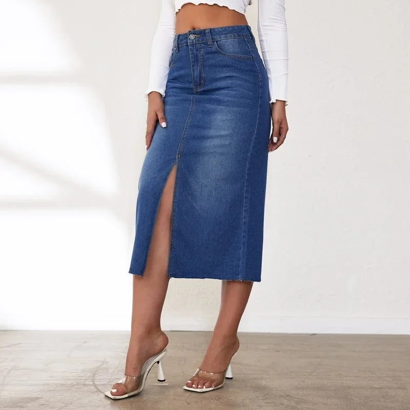 High-Waisted Medium-Length Denim Skirt For Women A- Line Half-Length Underwear