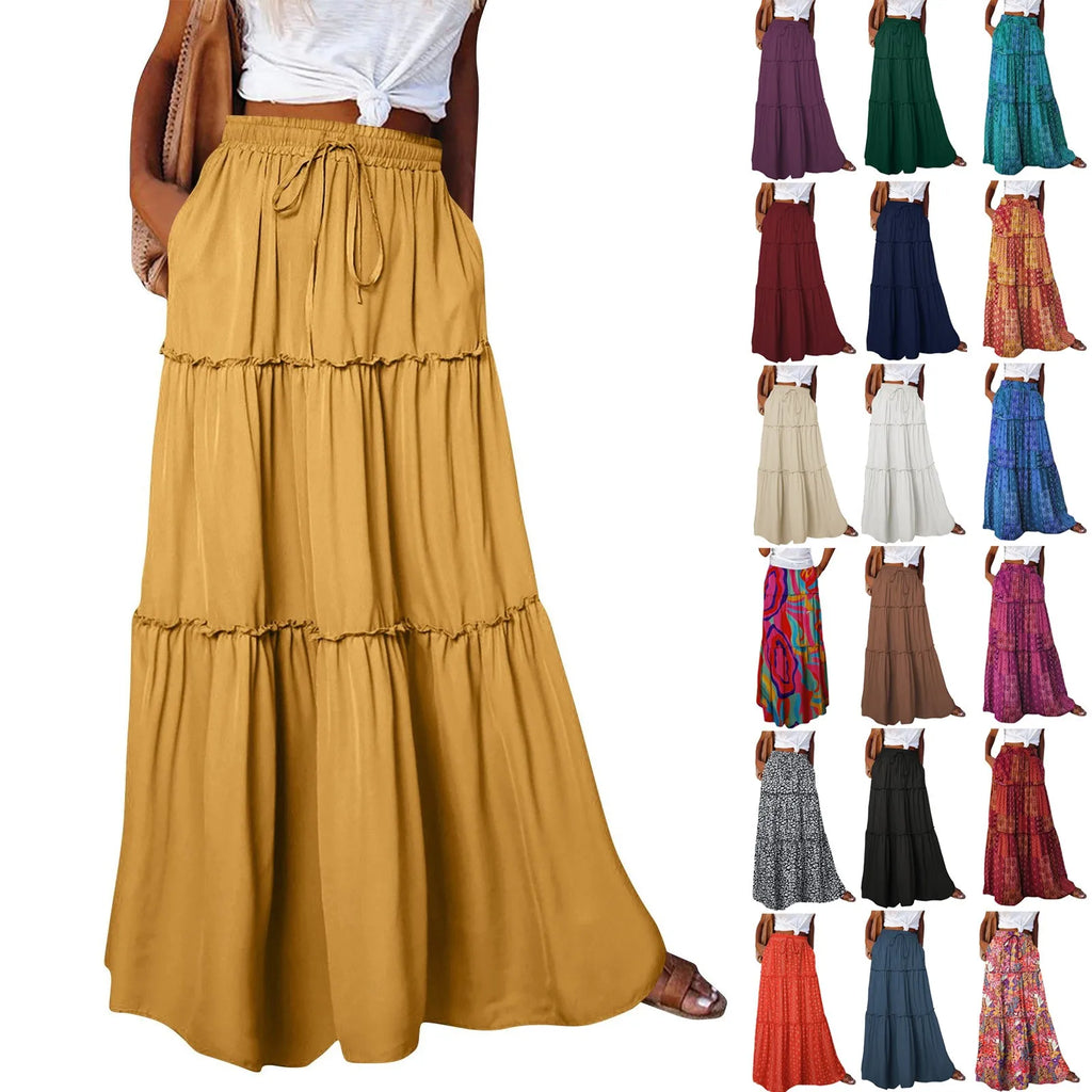 Women's Fashion Solid Color Skirts Ruffled layered skirt High waist elasticated ruffled Tie long skirt summer Loose Skirt faldas