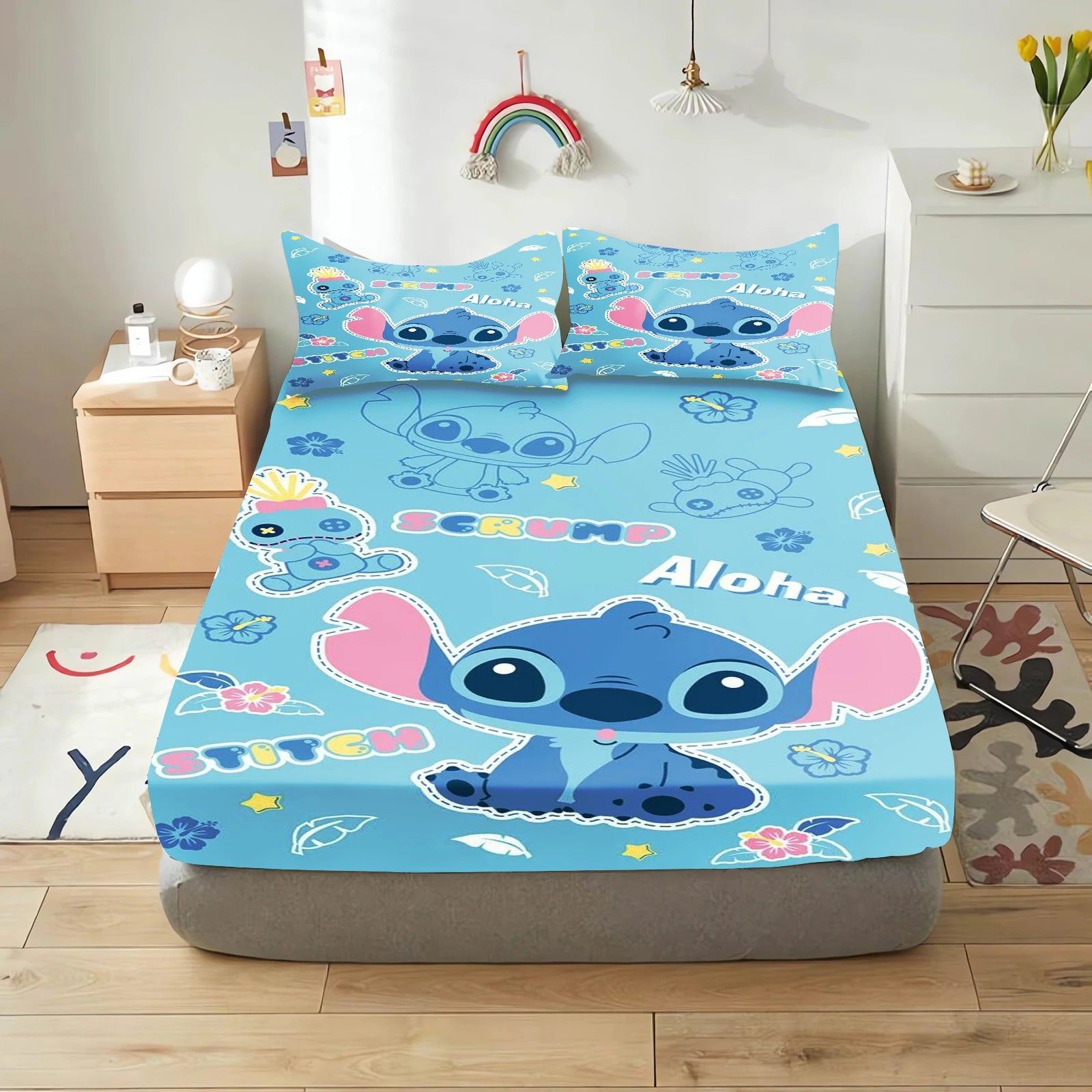 Stitch Cute Printed Cartoon Bedding Set Fitted Sheet Universal, Suitable For Children And Adults Nordica Plush Home Decor