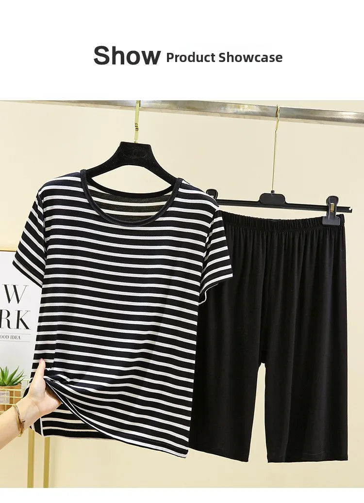Modal Striped Spwear Set Women Summer Thin Loose ort Sve Casual orts Two Piece Set Comfortable Breathable Nightgown
