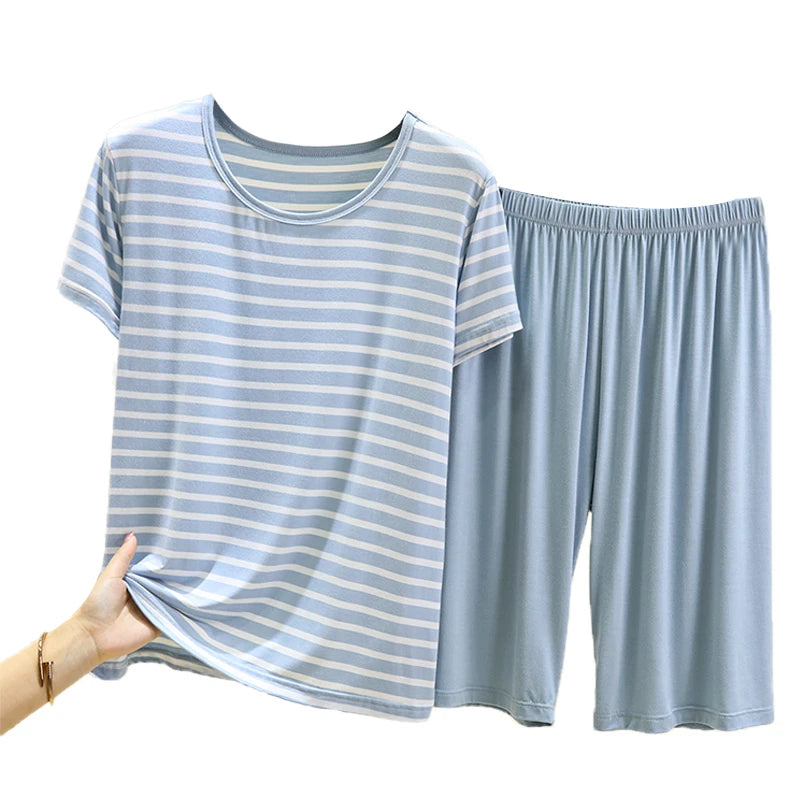 Modal Striped Spwear Set Women Summer Thin Loose ort Sve Casual orts Two Piece Set Comfortable Breathable Nightgown