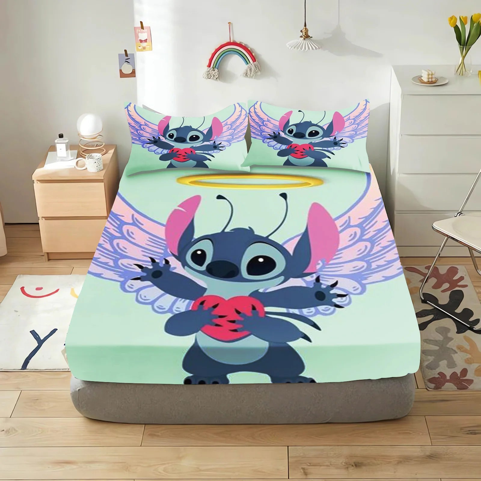 Stitch Cute Printed Cartoon Bedding Set Fitted Sheet Universal, Suitable For Children And Adults Nordica Plush Home Decor