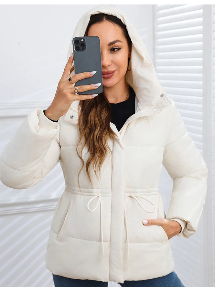 Winter Drawstring Lace-up Snow Women's Warm Down Jacket Hooded Puffer Jacket Women Parkas High Quality Cotton Padded Coat