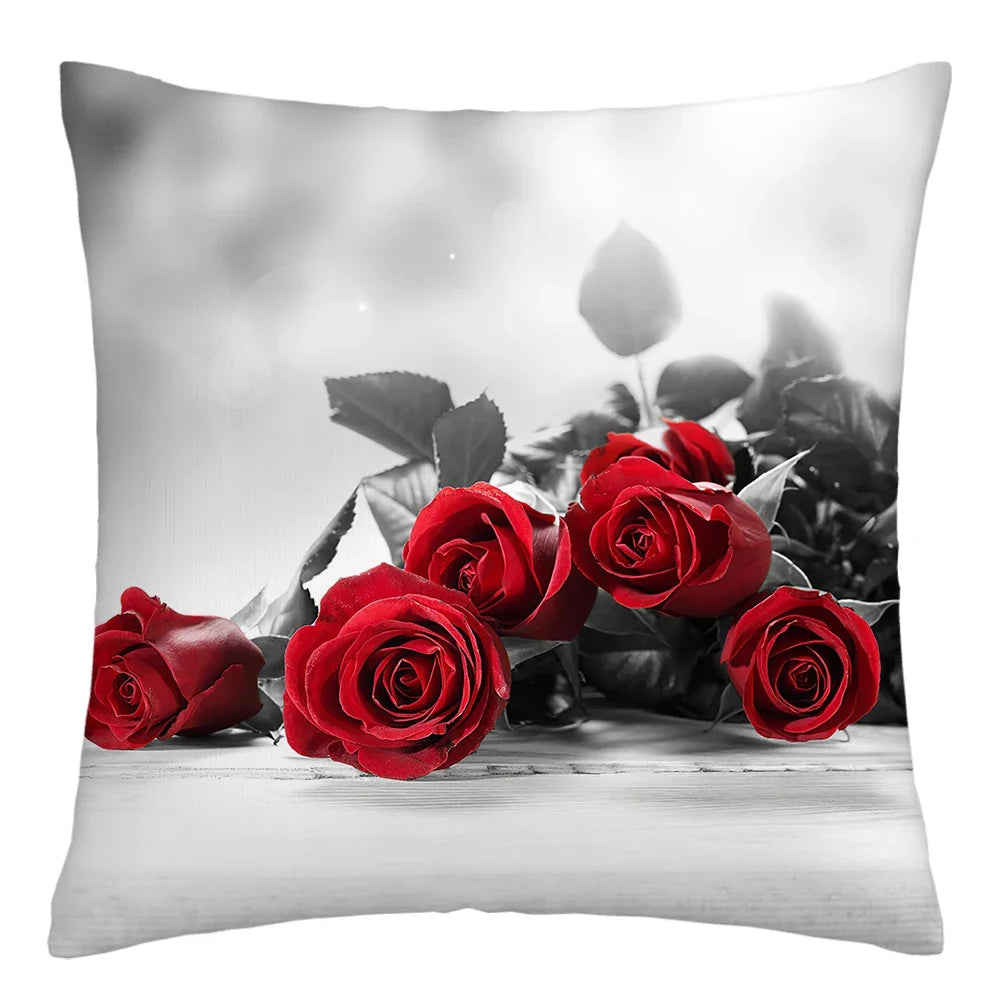 Poetic Red Rose Flower Print Polyester Pillowcase Sofa Cushion Cover Home Improvement  Decor Square 45x45