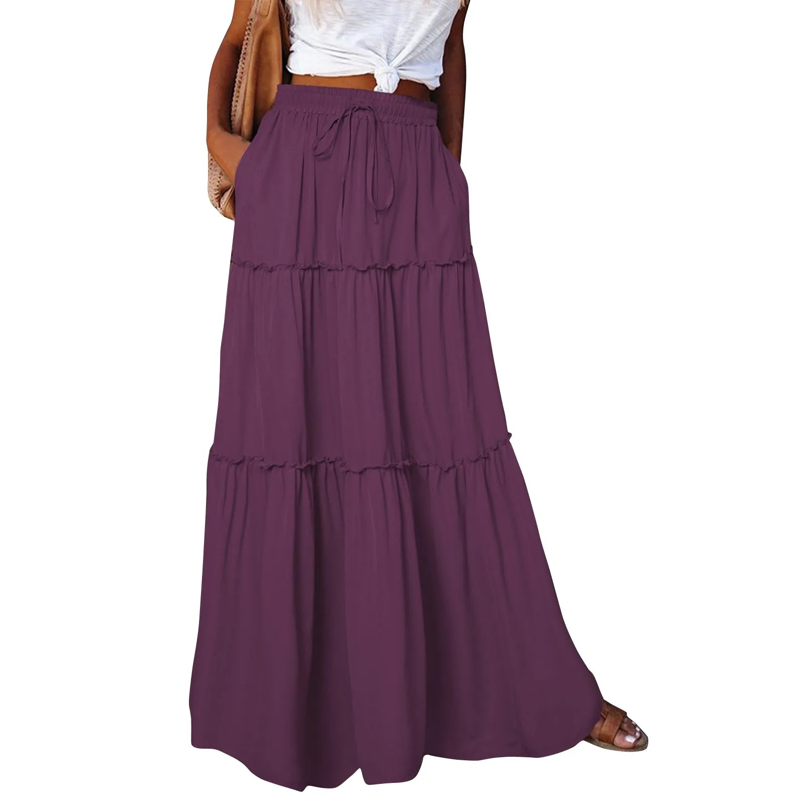 Women's Fashion Solid Color Skirts Ruffled layered skirt High waist elasticated ruffled Tie long skirt summer Loose Skirt faldas