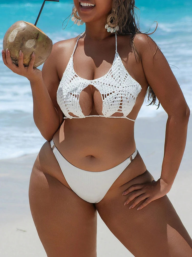 Plus Size Sexy Women Five-Pointed Star Halter Strappy Crochet Bikini Knitted Bikini Top Female Swimsuit Bather Swim Beachwear