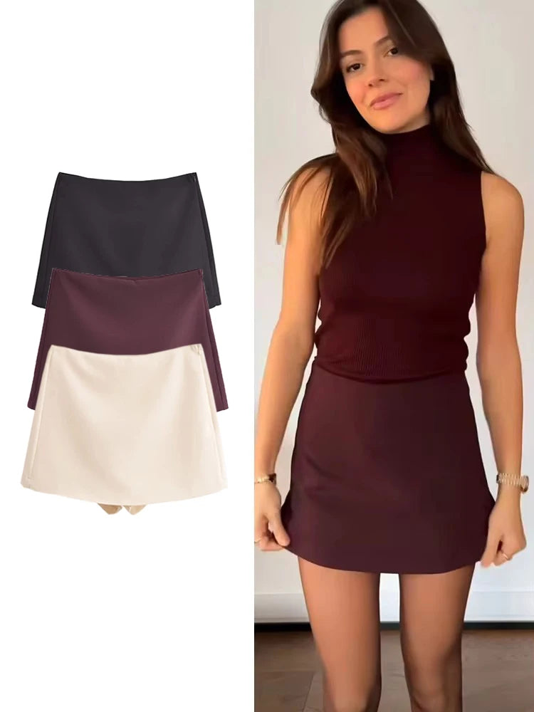TFMLN Nouveau Printemps Femme Jupe-Short Unie Mode Décontractée Mini-Shorts Jupe à Fermeture Éclair Latérale Vintage Taille Haute Shorts Jupe Streetwear