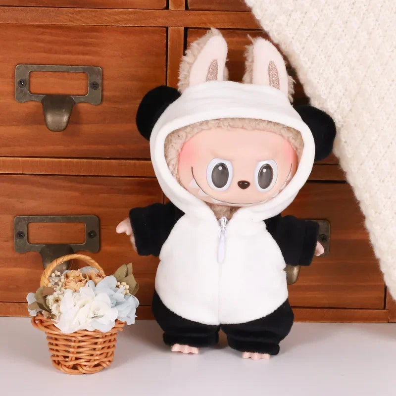 2025 nouveau pour Labubu 17 cm assis  mignon Panda requin dinosaure peluche combinaison ensemble poupée vêtements