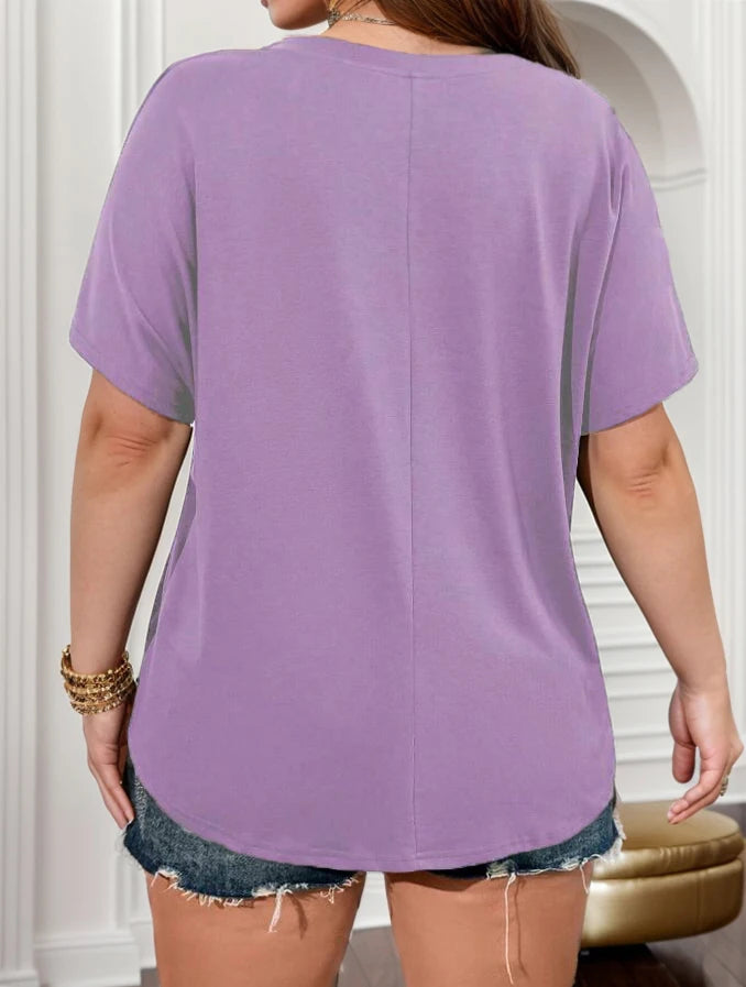 Plus Size European and American Cross Border New Women's V-neck Casual Solid Color Pocket T-shirt