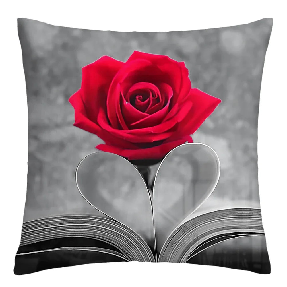 Poetic Red Rose Flower Print Polyester Pillowcase Sofa Cushion Cover Home Improvement  Decor Square 45x45