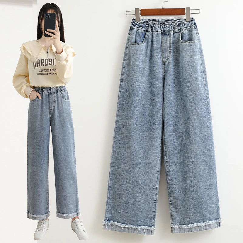 Plus Size Jeans For Women New 2025 High Elastic Waist Wide Leg Denim Pants With Pockets Korean Style Fashion Tassel Loose Jeans
