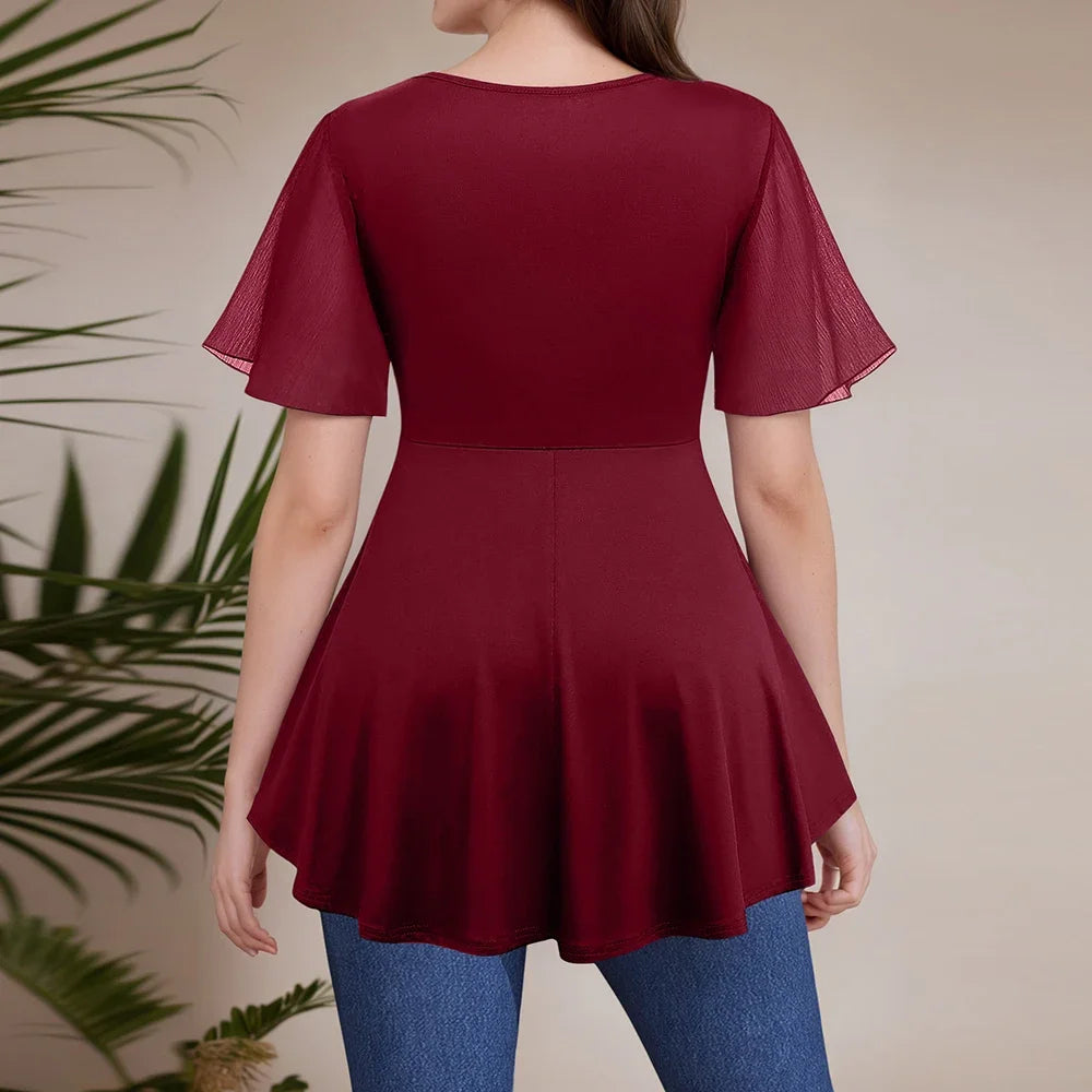 Women Plus Size Elegant Blouse Square Collar Pleated Double Layer Mesh Petal Sleeve Ruffle Hem Casual Summer 2025 New Female Tee
