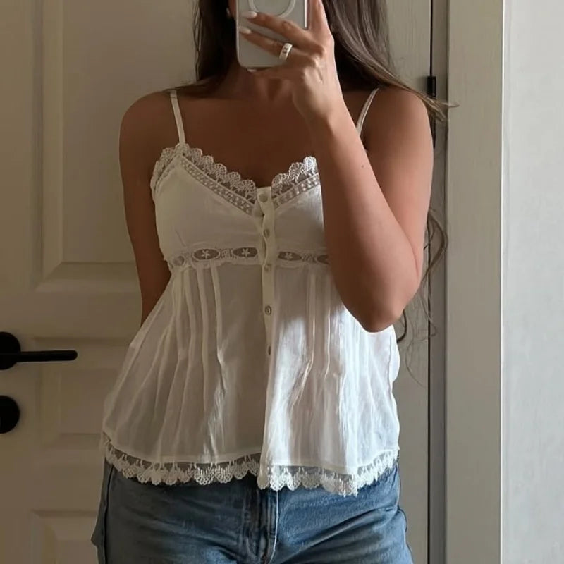 Sweet Y2K Lace Trim Camisole Women's Spaghetti Strap Top Trendy Button up Solid Babydoll Crop Tops Summer Fairycore Milkmaid Top