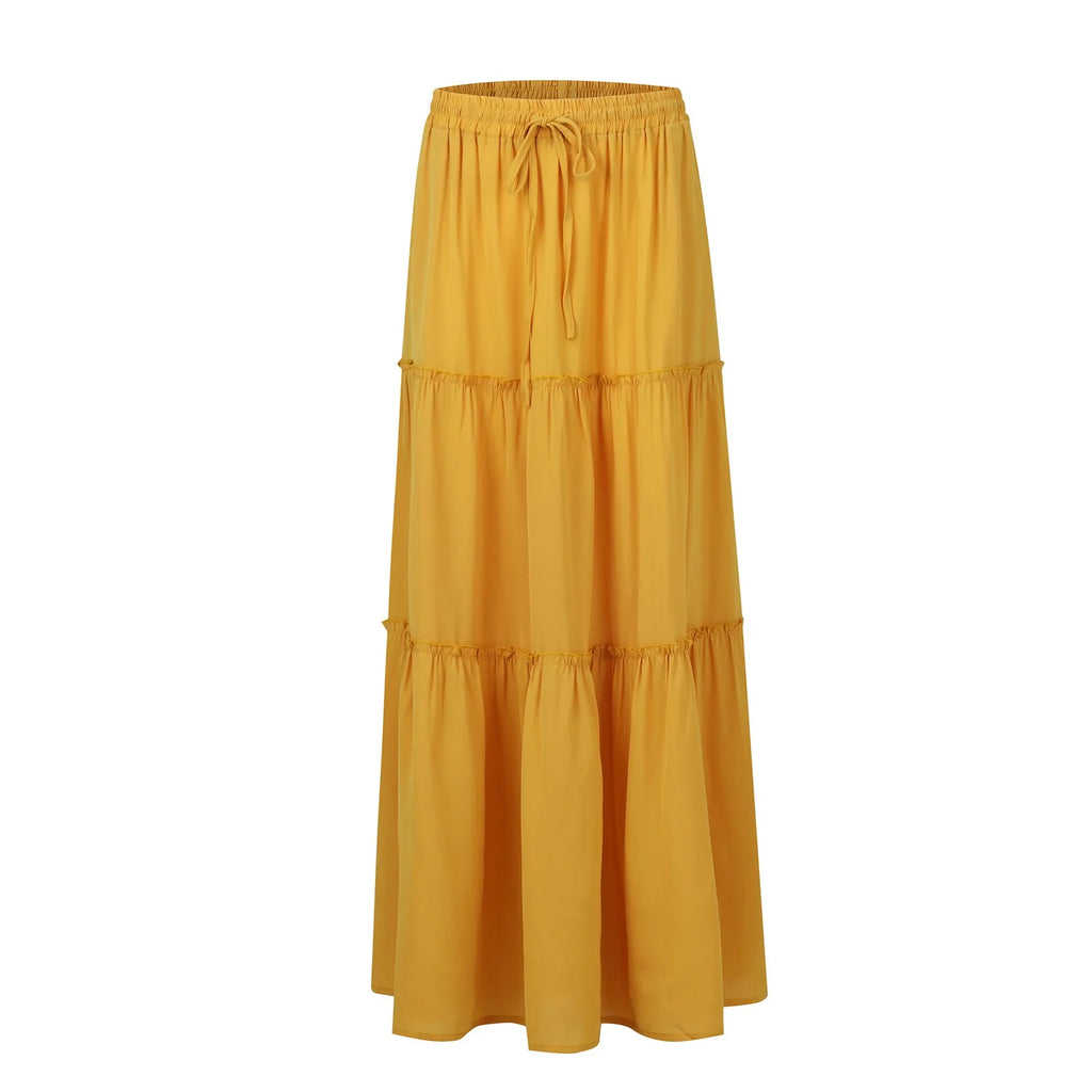 Women's Fashion Solid Color Skirts Ruffled layered skirt High waist elasticated ruffled Tie long skirt summer Loose Skirt faldas