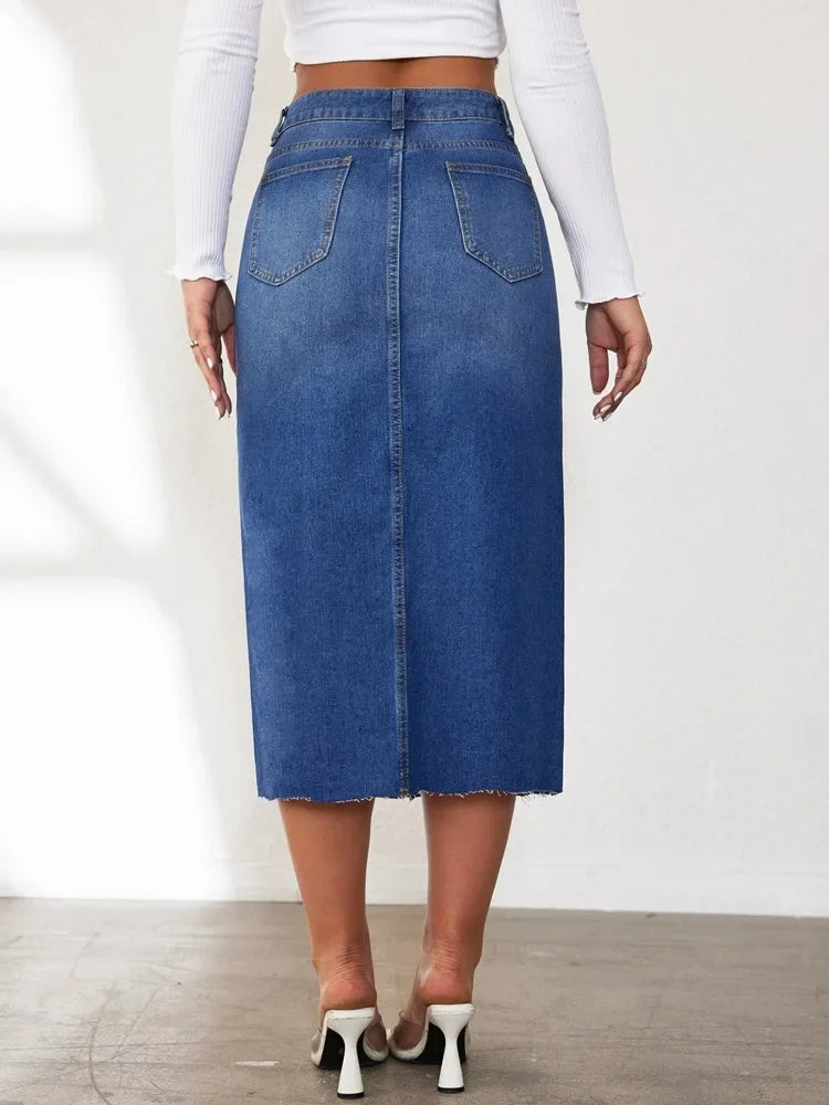 High-Waisted Medium-Length Denim Skirt For Women A- Line Half-Length Underwear
