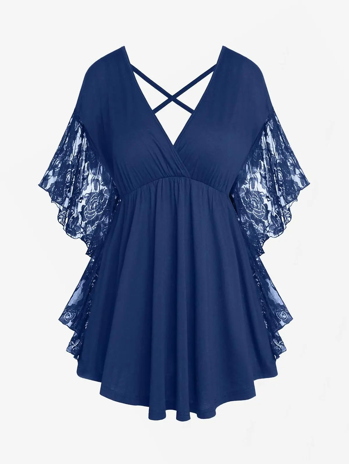 ROSEGAL Plus Size Women   Flower Lace Butterfly Sleeve  Insert Criss Cross V-Neck  Soild Casual T Shirt 2025 casual Streetwear