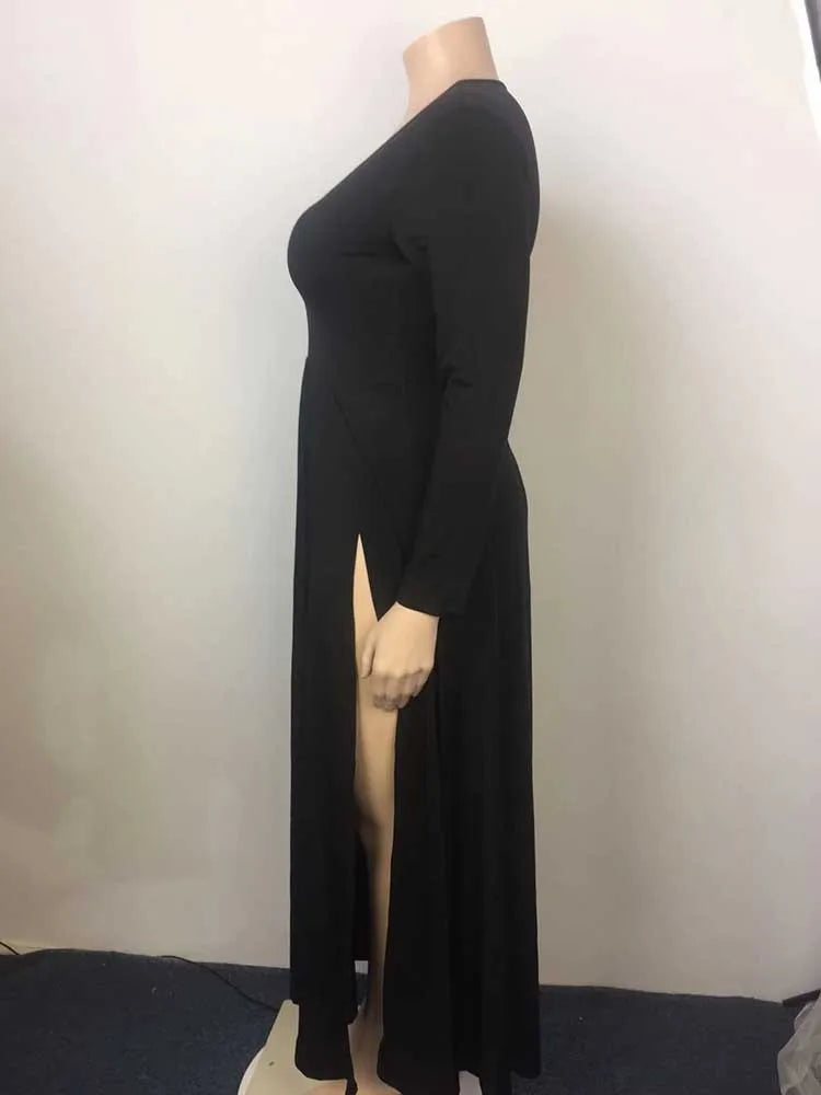 Plus Size Women Clothing 2xl 3xl 4xl 5xl Long Elegant Dress with Sleeves Autumn Ladies Sexy Party Solid Waist Dress Side Slit