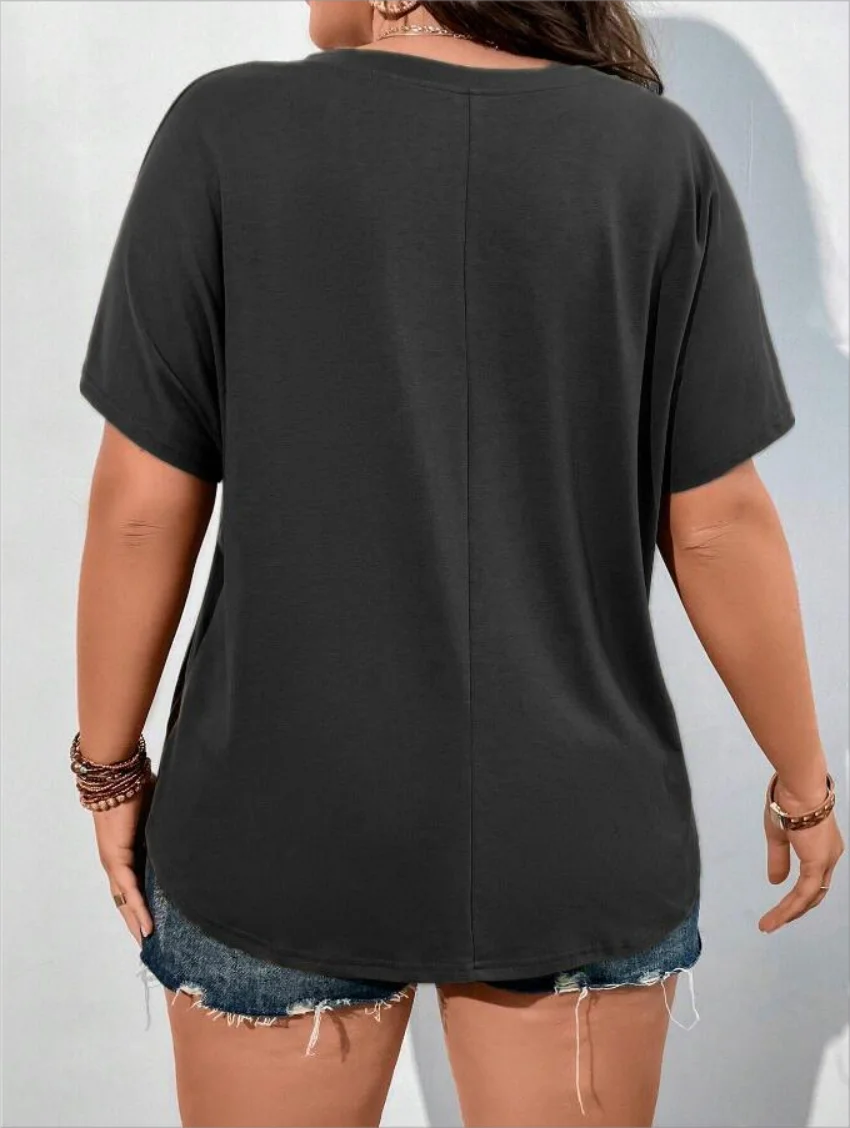 Plus Size European and American Cross Border New Women's V-neck Casual Solid Color Pocket T-shirt