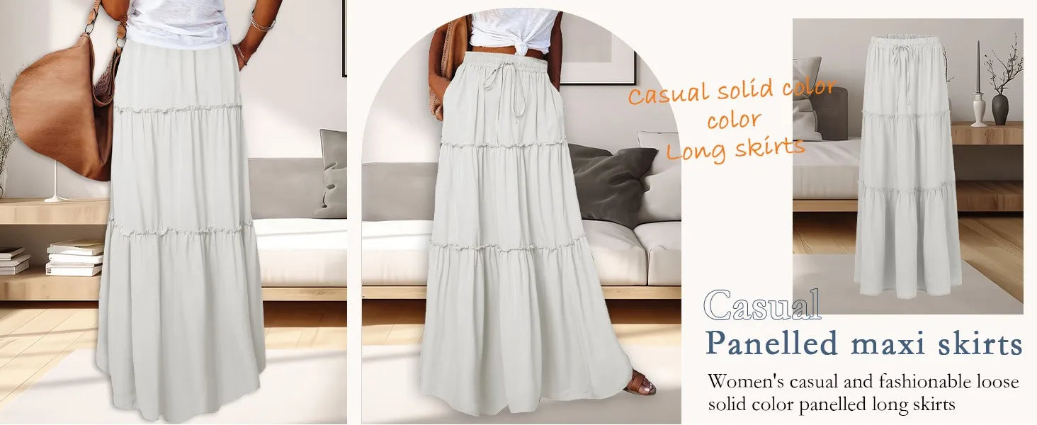 Women's Fashion Solid Color Skirts Ruffled layered skirt High waist elasticated ruffled Tie long skirt summer Loose Skirt faldas